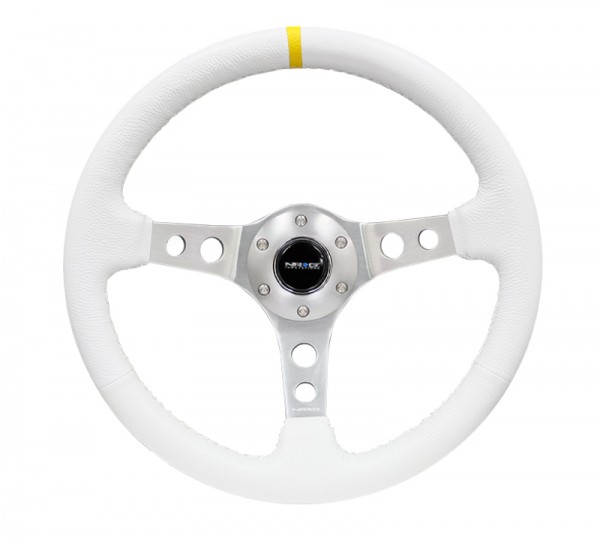 NRG Reinforced Steering Wheel (350mm / 3in. Deep) Wht Leather w/Silver Spoke & Single Yellow Mark