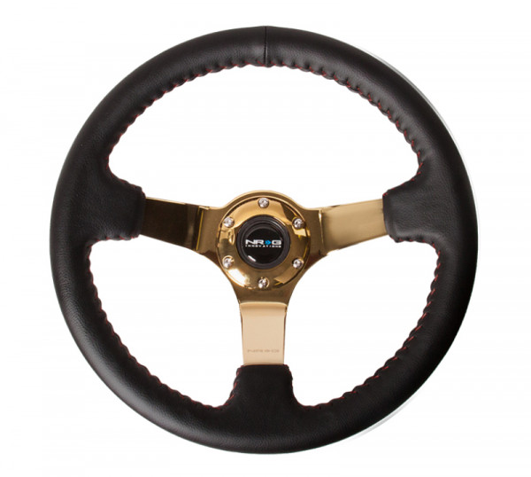 NRG Reinforced Steering Wheel (350mm / 3in. Deep) Blk Leather/Red BBall Stitch w/4mm Gold Spokes
