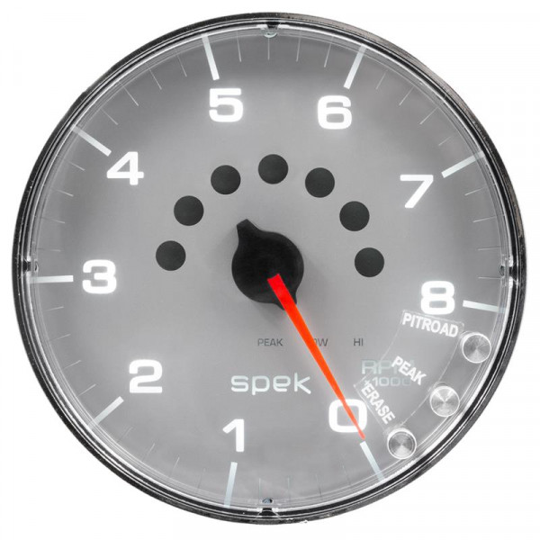 Autometer Spek-Pro Gauge Tachometer 5in 8K Rpm W/Shift Light & Peak Mem Silver/Chrome