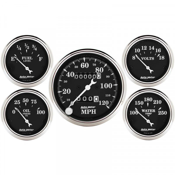 Auto Meter Gauge Kit 5 pc. 3 1/8in & 2 1/16in Mechanical Speedometer Old Tyme Black