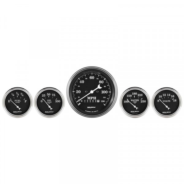 Auto Meter Gauge Kit 5 pc. 3 3/8in & 2 1/16in Elec. Speedometer Old Tyme Black