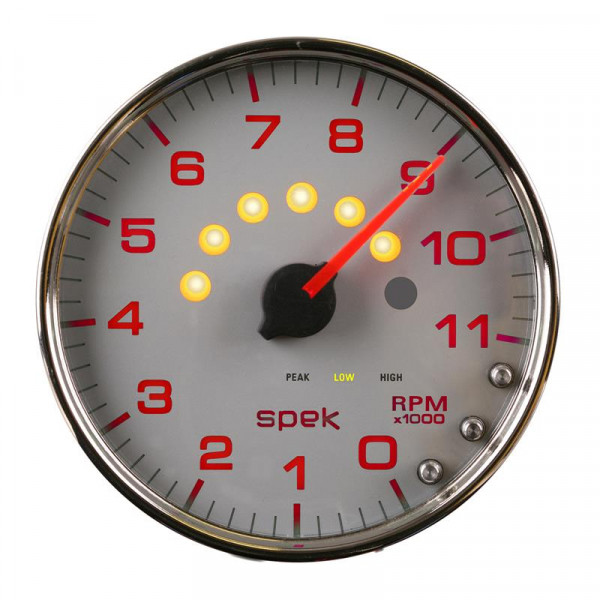 Autometer Spek-Pro Gauge Tachometer 5in 11K Rpm W/Shift Light & Peak Mem Silver/Chrome