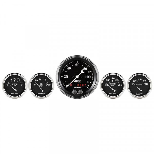 Auto Meter Gauge Kit 5 pc. 3 3/8in & 2 1/16in GPS Speedometer Old Tyme Black